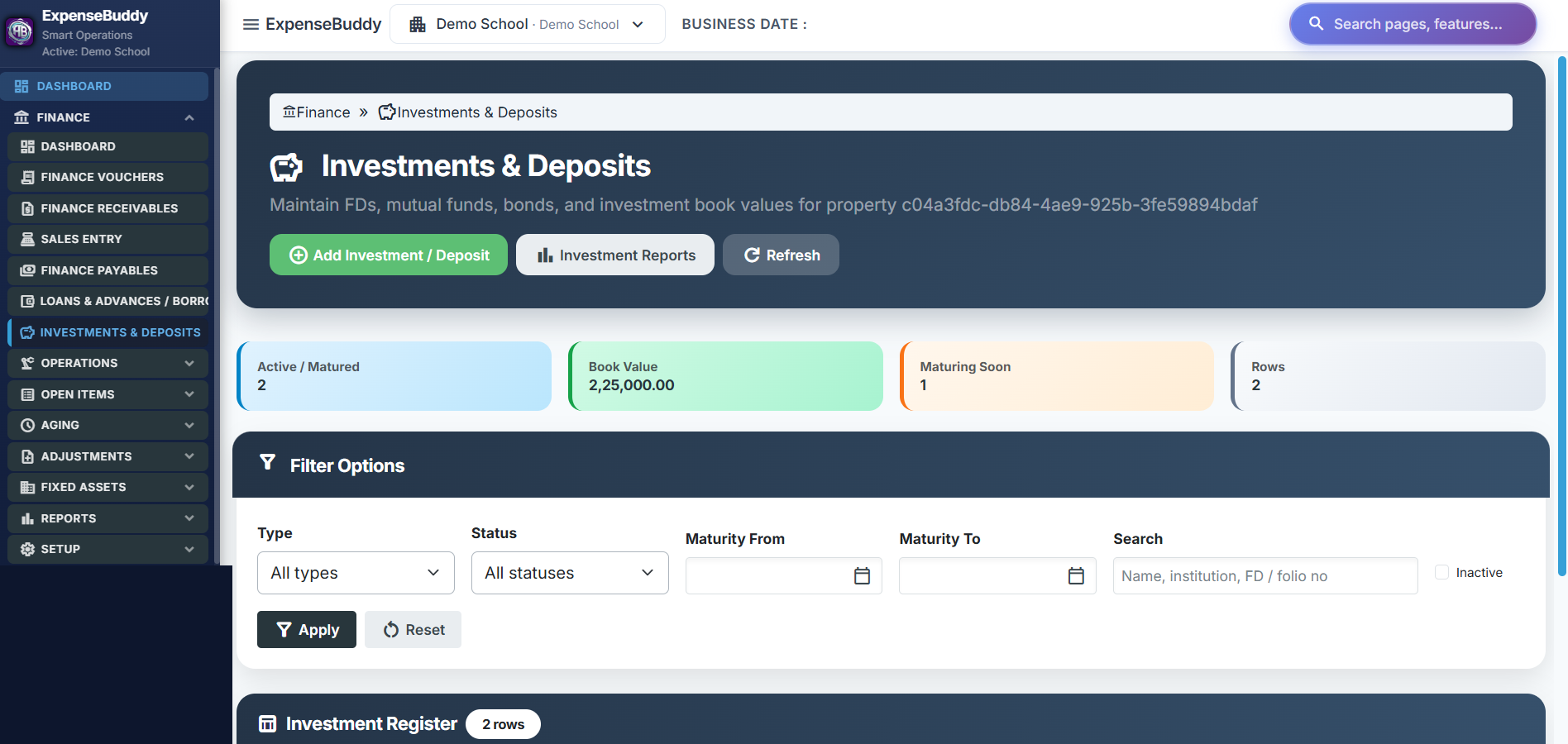 ExpenseBuddy Investments and Deposits register