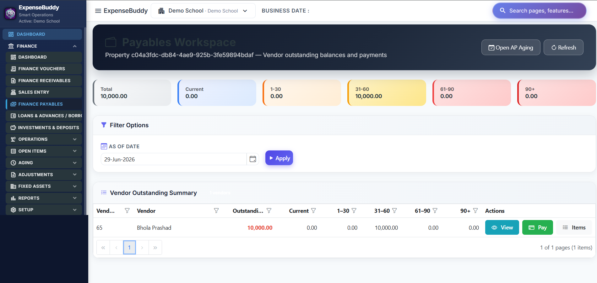 ExpenseBuddy Payables Workspace with vendor outstanding aging