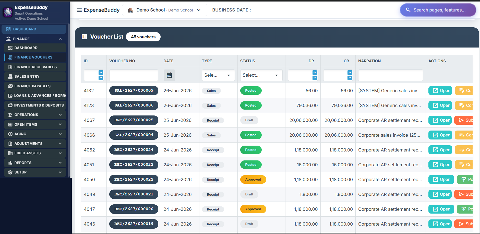 ExpenseBuddy Voucher List showing status and workflow actions